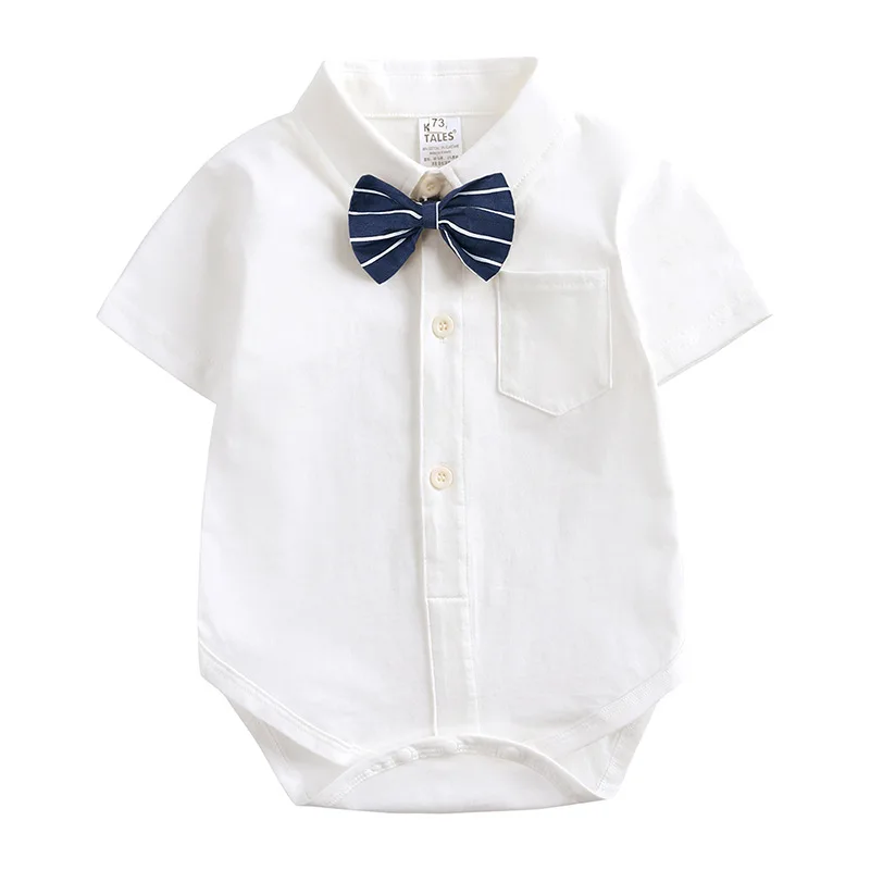 Striped Bow Button Down Romper - Image 7