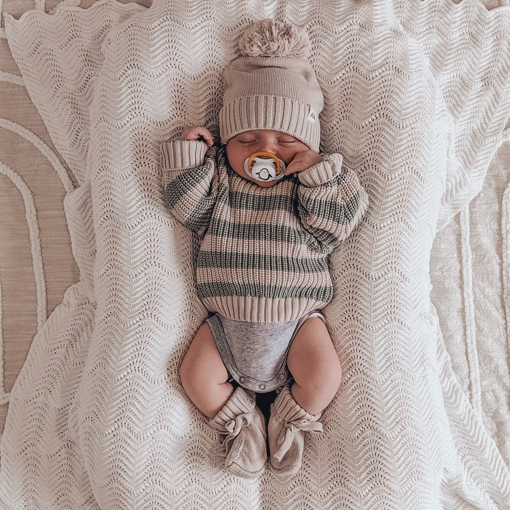 3 Little Crowns - Chunky Knit Jumper | Muted Green & Mushroom Stripes - Image 3
