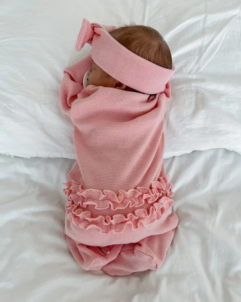 3 Little Crowns - My First Outfit | Waffle Flutter Bum Onesie & Topknot Set | Bubblegum - Image 2