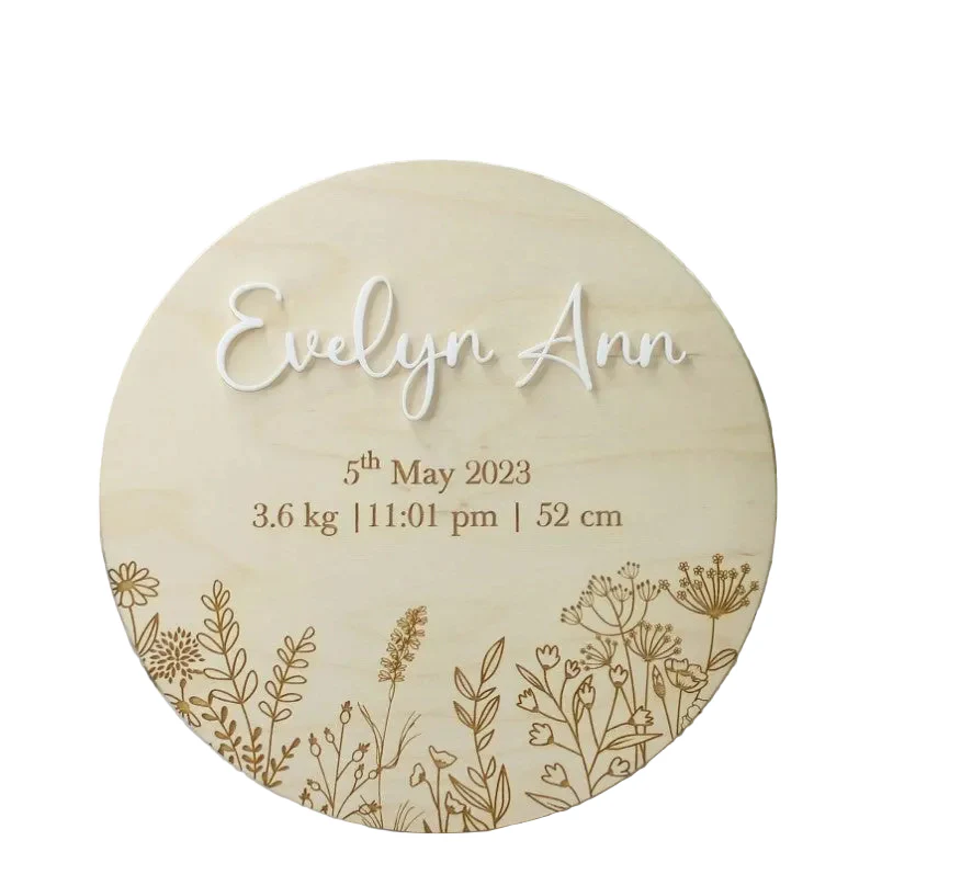 Meridian Etch - Personalised Wooden Birth Announcement | Flowers