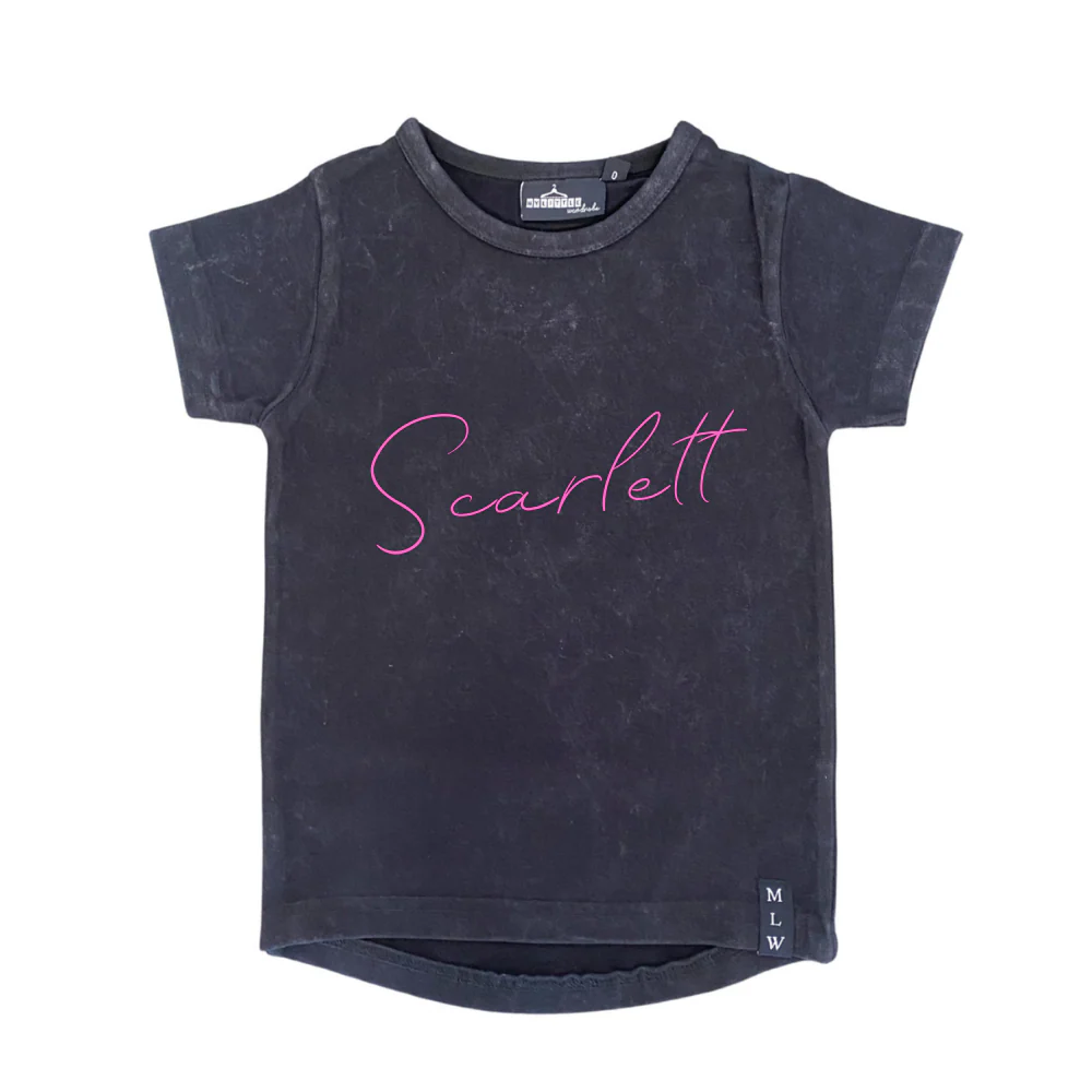 MLW By Design - Black Stonewash Pink Script Personalised Tee