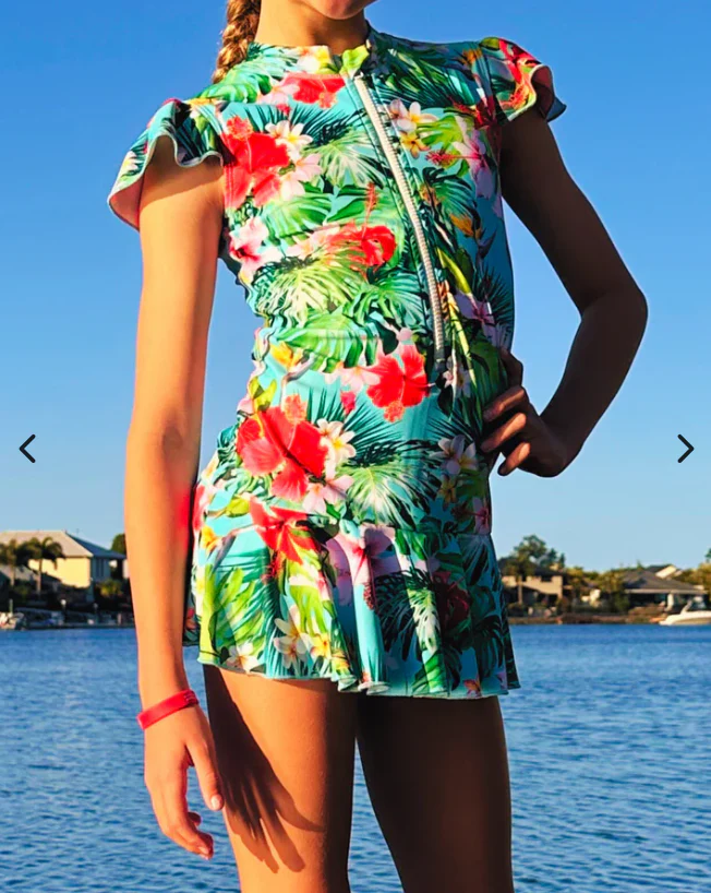 ZipMAE Swimwear - Girls Cap Sleeve Swim Suit | Tropical Twist (CLEARANCE) - Image 5